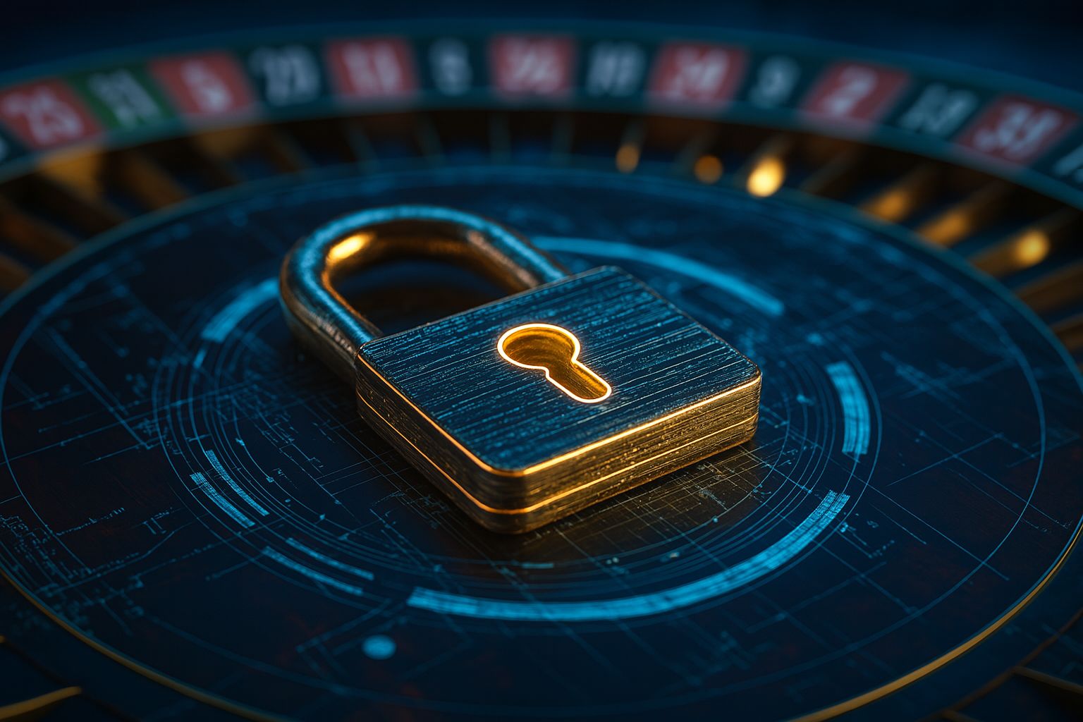 An image of a padlock on a roulette wheel
